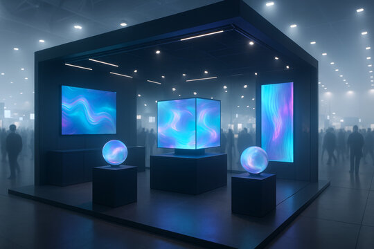 Futuristic exhibition booth with glowing spheres and screens displaying abstract art.