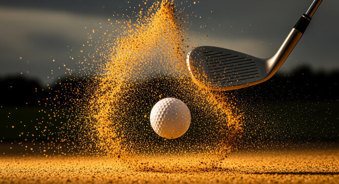Golf ball and club in mid-air sand exploding outwards on a sunny day.