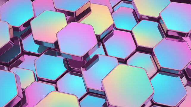 Iridescent hexagonal tiles with metallic edges create a shimmering abstract mosaic of pastel colors. - Powered by Adobe