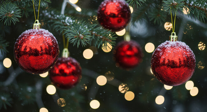 Red baubles dusted with snow sparkle on a festive evergreen tree with warm bokeh lights.