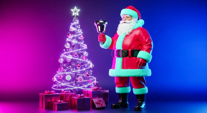 Santa ringing bell by christmas tree with gifts in a festive neon atmosphere on transparent background