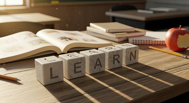 Learning blocks with open textbook and apple education concept image