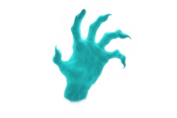 Aqua blue monster hand with sharp claws reaching for something, representing fear and danger on transparent background