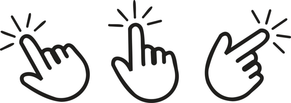 Hand click gesture icons in bold outline style, simple tap and pointer finger vector symbols for UI and web interface design