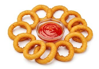 Golden Fried Onion Rings Arranged Around Bowl of Red Ketchup on White Surface