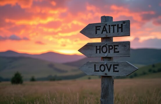 Wooden signpost with engraved words Faith Hope Love stands in a grassy field at sunset. The sky displays vibrant orange and pink clouds over rolling hills.
