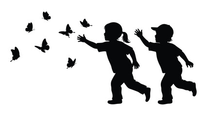 Children chasing butterflies silhouette isolated on white background, Vector