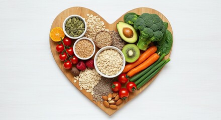 Fototapeta premium Healthy heart-shaped diet with fresh fruits vegetables nuts seeds and grains for wellness