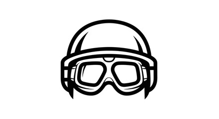 Naklejka premium A simple black and white line art icon of a protective helmet with goggles isolated on a white background.