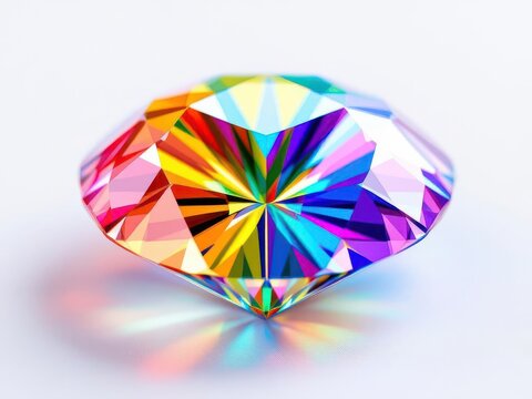 Vibrant faceted gem refracting spectrum of light on white surface