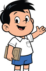 Cute cartoon schoolboy character smiling and holding a book, cheerful student illustration perfect for education materials, children’s content, learning resources, and posters