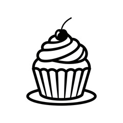 Cupcake Icon with Cherry – Dessert Line Art Vector