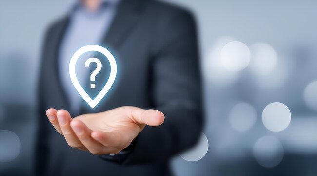 A business professional holding a question mark symbolizing inquiry and potential in a digital landscape.