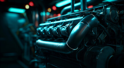 Obraz premium Close-up of an intricate engine mechanism featuring sleek pipes and industrial design, illuminated by ambient light.