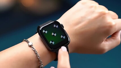 A woman's hand interacts with a smartwatch displaying a green screen with tracking markers. - Powered by Adobe