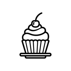 Cupcake Icon with Cherry – Dessert Line Art Vector