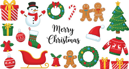 Merry Christmas cartoon vector set with gifts, snowman, tree, wreath, gingerbread cookies, sleigh, ornaments and festive holiday decorations