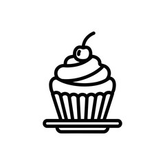 Cupcake Icon with Cherry – Dessert Line Art Vector