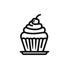 Cupcake Icon with Cherry – Dessert Line Art Vector