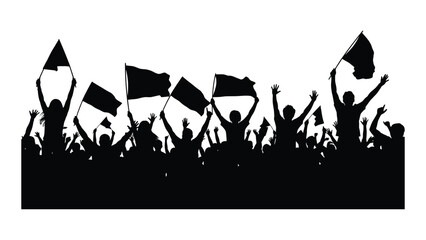 Jubilant crowd silhouette with flags isolated on white background, Vector
