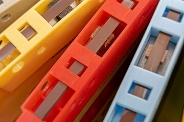 Close up view of a collection of old vintage retro audio tape cassettes