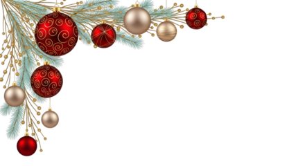 Christmas tree branch decorated with red and gold baubles and glitter