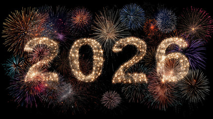 Happy New Year 2026 Text Christmas Gold Sparkles Bokeh Defocused Effect Background