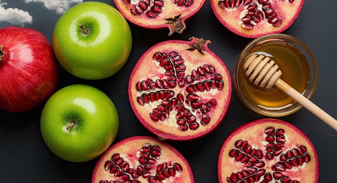 Rosh Hashanah festive still life featuring apples, pomegranates, and honey symbolising a sweet new