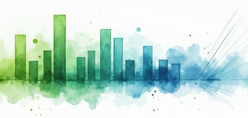 Abstract watercolor bars form visual graph with green, blue hues. Colors blend, bleed across white background, suggesting growth, progress. Lines radiate outward from right, indicating future trends