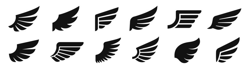 Wings icons set. Flying, bird, angel, flight. Wing symbol on white background - stock vector.