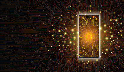 Mobile phone technology concept with glowing mobile phone icon in the center, electronic circuit pattern on the surface and surrounded by circuit pattern on dark black background.