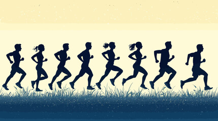 Silhouettes of diverse people running together on a grassy field under a gradient sky, depicting a sense of movement and unity.