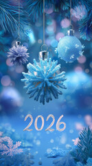 Happy New Year 2026 Text Christmas Gold Sparkles Bokeh Defocused Effect Vertical Background