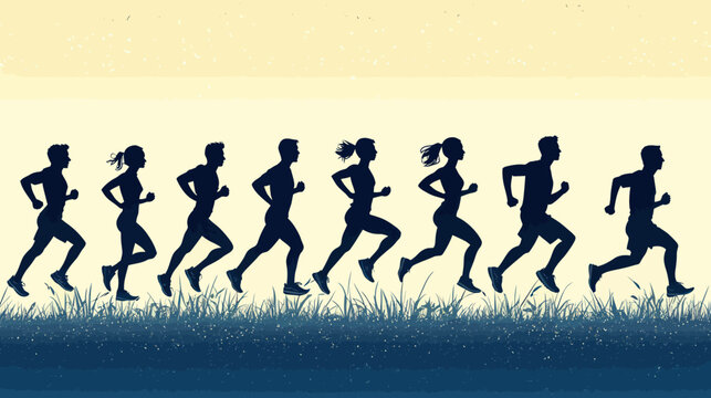 Silhouettes of diverse people running together on a grassy field under a gradient sky, depicting a sense of movement and unity.