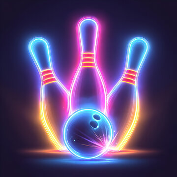 A vibrant neon bowling scene featuring glowing pins and a bright bowling ball, perfect for leisure and fun activities.