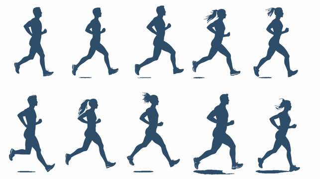 Silhouettes of diverse people running in various stages of motion, illustrating dynamic movement and athletic activity.