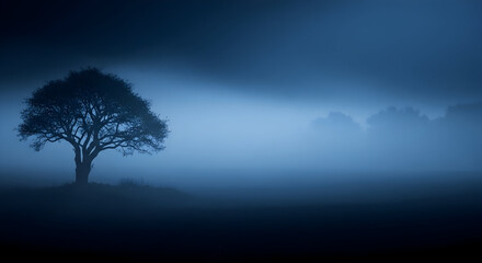 Lonely Tree Shrouded in Mist Under Blue Night Sky.