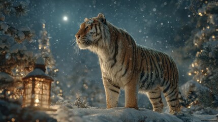 Powerful tiger stands serene amidst falling snow, glowing lantern casts warm light on winter forest