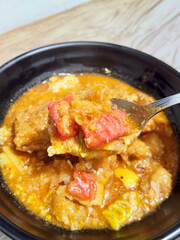 Close Up Spoonful Of Spicy Seblak Indonesian Street Food