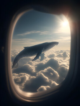 Fototapeta A surreal view of a whale soaring through the clouds seen from an airplane window, blending nature and travel in an imaginative scene.