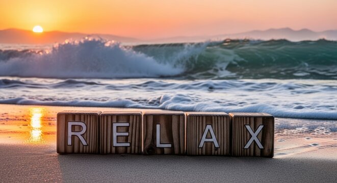 Relaxation and tranquility wooden blocks on sandy beach at sunset