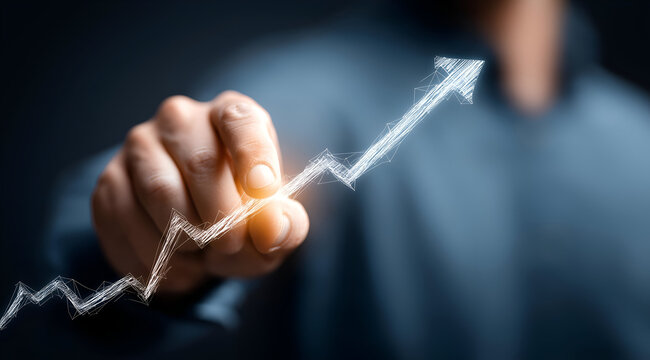 A business professional pointing to a growth trend on a graph, symbolizing success and upward movement in the corporate world.