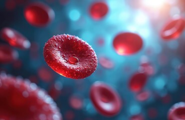 Red blood cells float on blue background. Blood elements with plasma platelets. Medical illustration of human cells. Healthcare concept showing flow, life, medicine, disease, science, and technology.