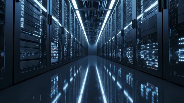 Moving Through Server Room With Data Center Racks for Cloud Computing