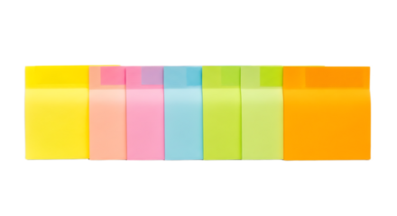 Close up view of colorful sticky notes arranged in a horizontal row on a black background