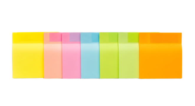 Close up view of colorful sticky notes arranged in a horizontal row on a black background