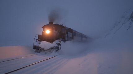 Vintage steam train traverses a snowy landscape, its bright headlight cutting through the misty air. The scene evokes nostalgia and a sense of adventure in a winter wonderland.
