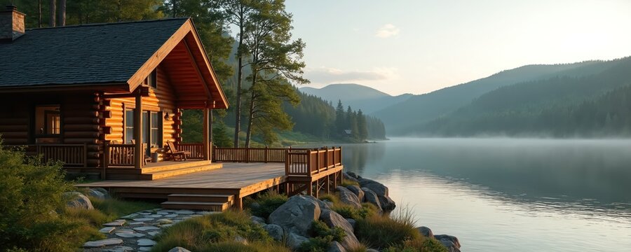 Scenic log cabin home at lake shore. Wooden deck patio with view on lake mountains and forest. Rustic retreat cabin lodge with peaceful sunlight