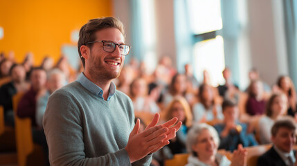 Audience applauding enthusiastically during a conference in a modern auditorium