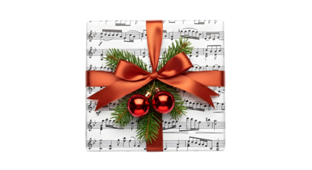 A festive christmas gift box wrapped in sheet music paper, adorned with a burnt orange satin ribbon, pine sprigs, and two shiny red baubles